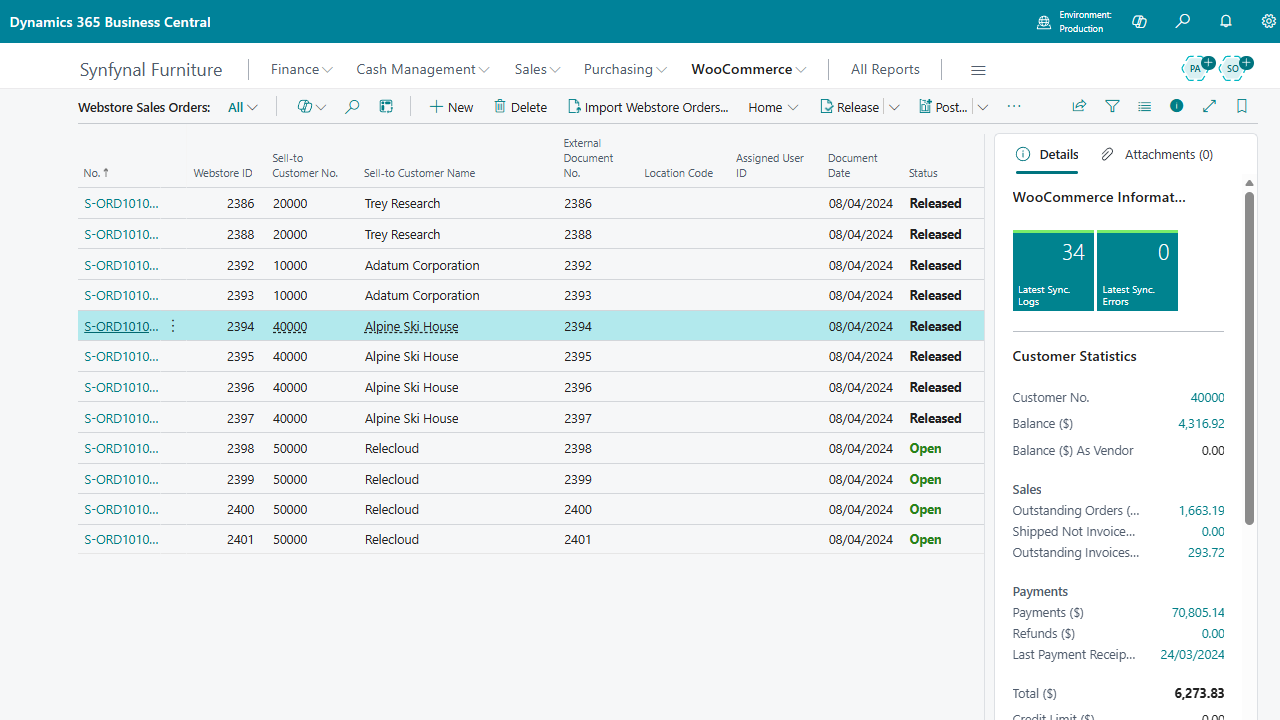 Business Central webstore sales orders screen